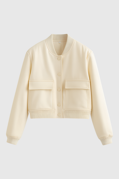 Maison Bomber Jacket | Ribbed O-Neck Button Front Relaxed Silhouette