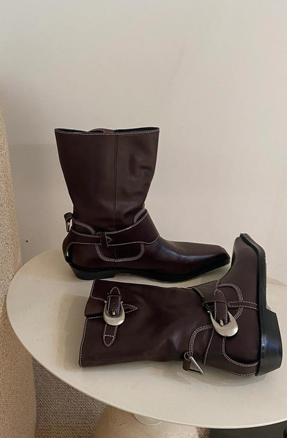 Metal Buckle Mid-calf Chelsea Western Boots