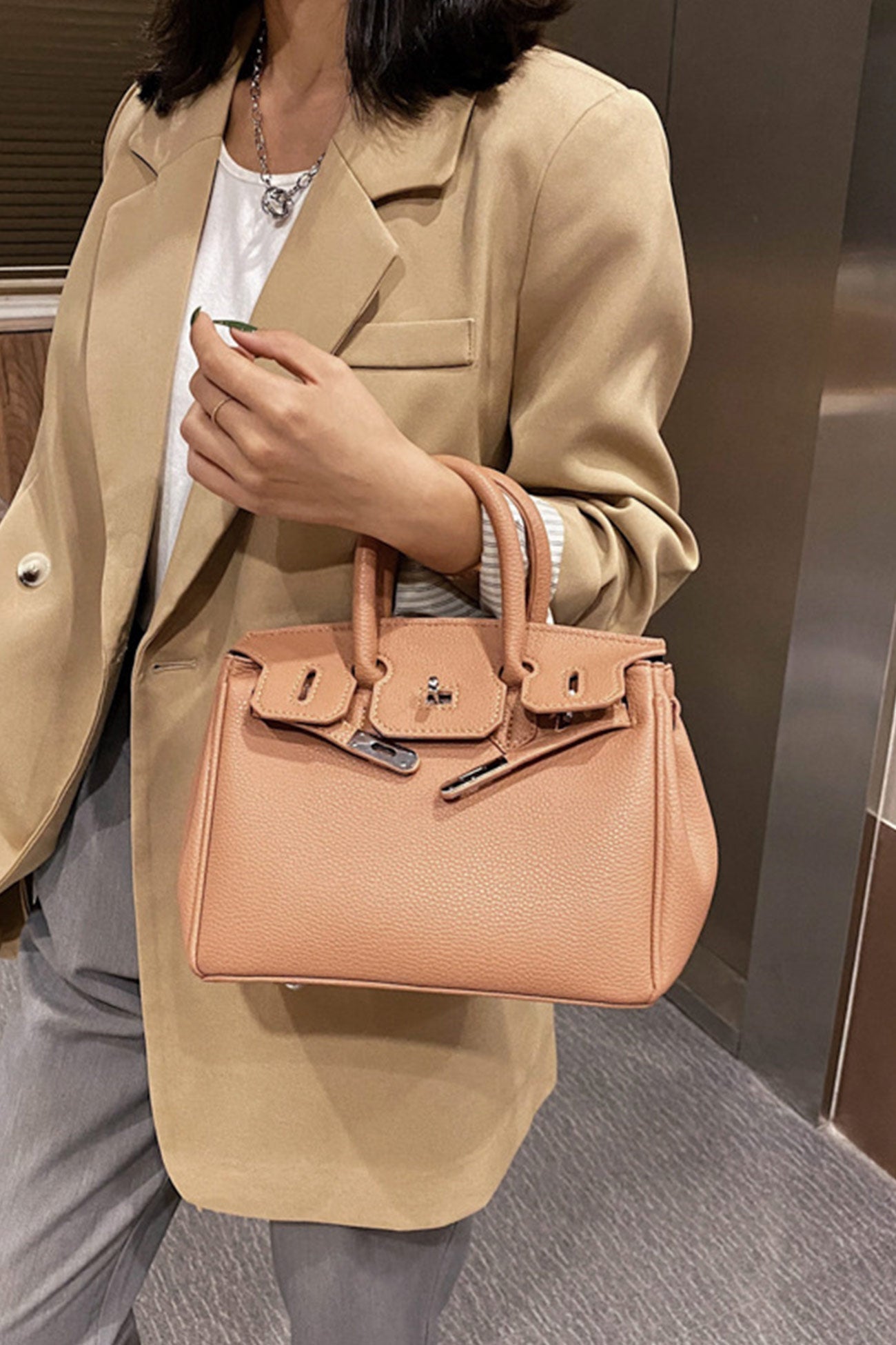 Metal Buckle Solid Tote Bag