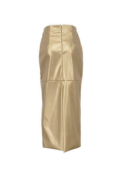 Metallic Color Pu Pack Hip Midi Skirt