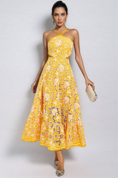Delphine Yellow Cut Out Halter Maxi Dress