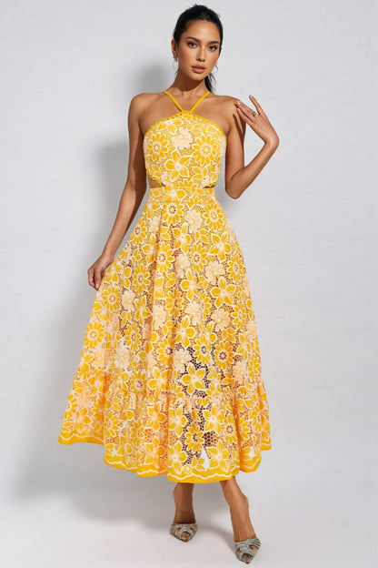 Delphine Yellow Cut Out Halter Maxi Dress