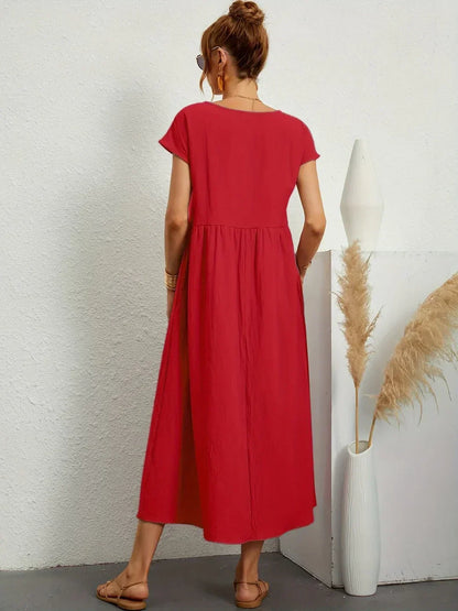 Women's Round Neck Loose-Fit Midi Summer Dress – Lightweight Casual Dress