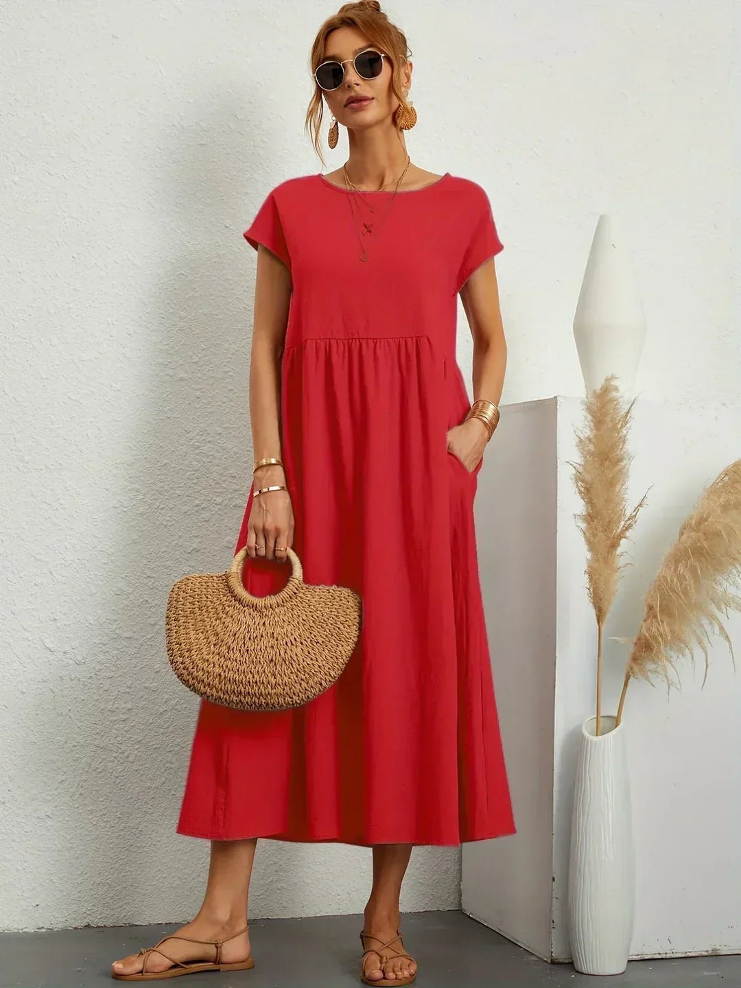 Women's Round Neck Loose-Fit Midi Summer Dress – Lightweight Casual Dress
