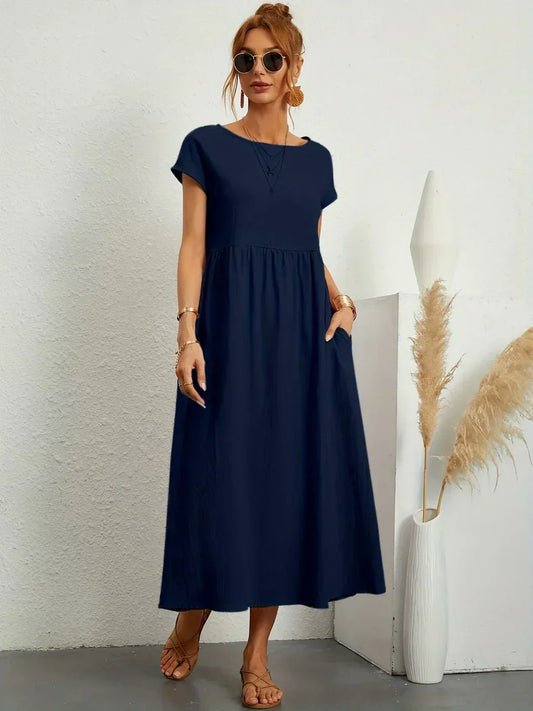 Women's Round Neck Loose-Fit Midi Summer Dress – Lightweight Casual Dress