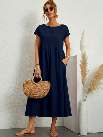 Women's Round Neck Loose-Fit Midi Summer Dress – Lightweight Casual Dress