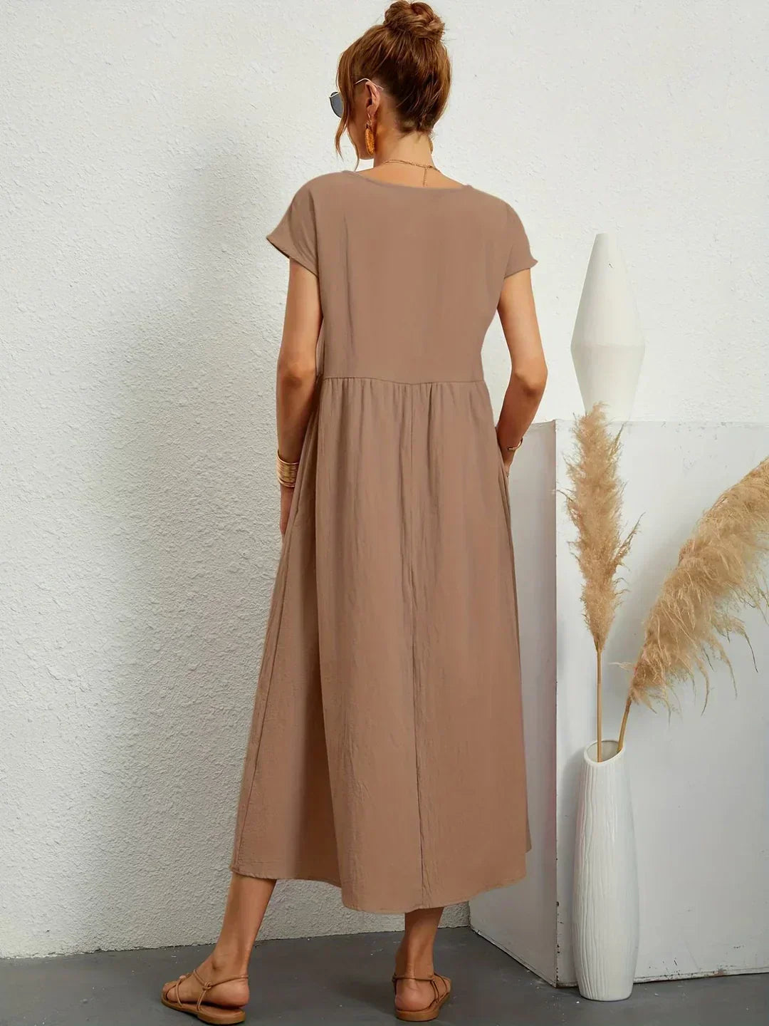 Women's Round Neck Loose-Fit Midi Summer Dress – Lightweight Casual Dress