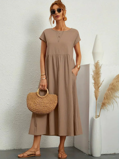 Women's Round Neck Loose-Fit Midi Summer Dress – Lightweight Casual Dress