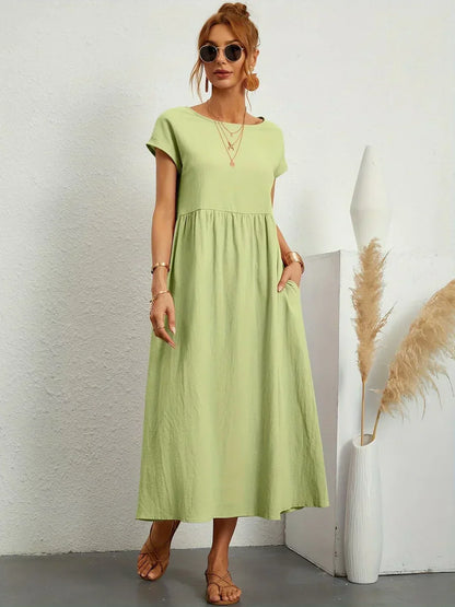 Women's Round Neck Loose-Fit Midi Summer Dress – Lightweight Casual Dress