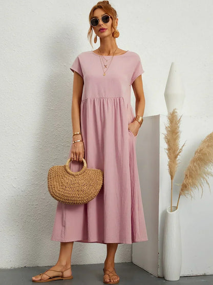 Women's Round Neck Loose-Fit Midi Summer Dress – Lightweight Casual Dress