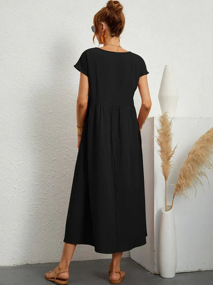 Women's Round Neck Loose-Fit Midi Summer Dress – Lightweight Casual Dress