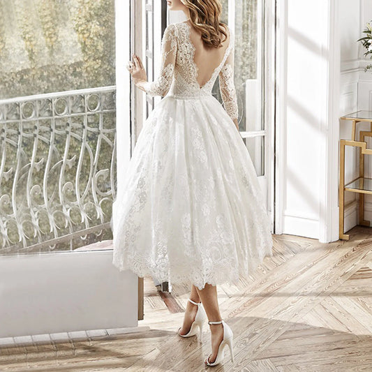 DressBetty - 2024 Long Sleeved Backless Slim Fitting White Lace Midi Dress