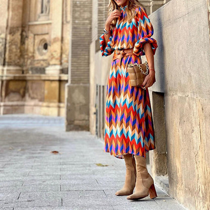 Chevron Print Pleated Mock Neck Long Sleeve Midi Dress