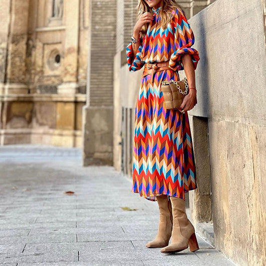 Chevron Print Pleated Mock Neck Long Sleeve Midi Dress