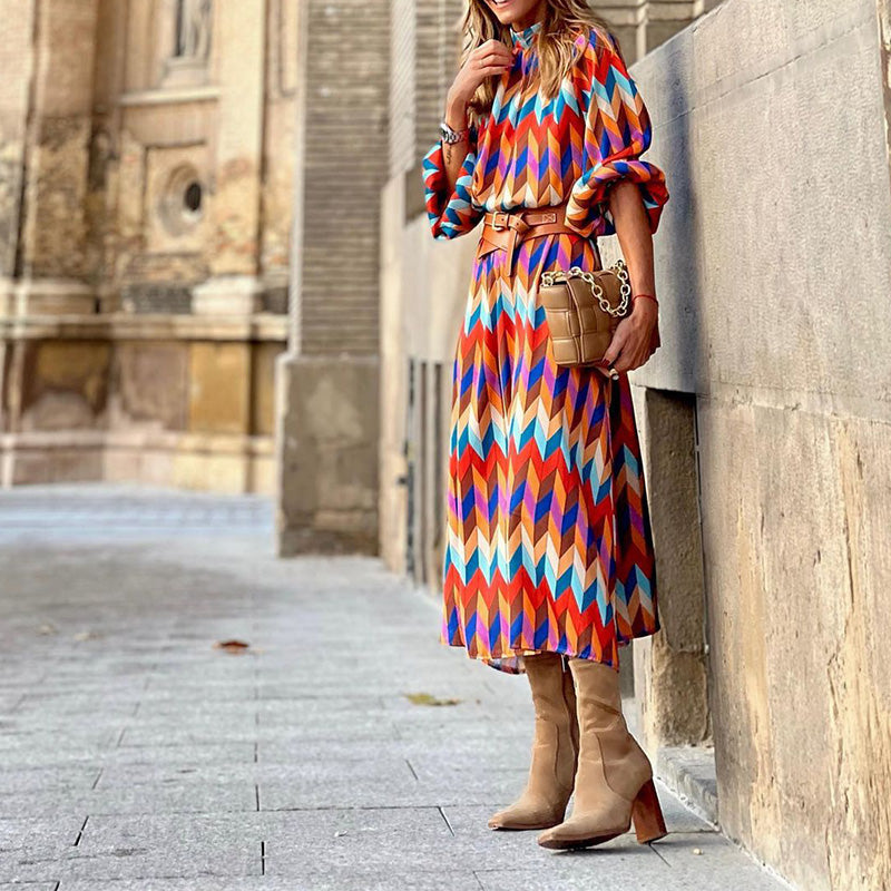 Chevron Print High Neck Long Sleeve Pleated Midi Dress