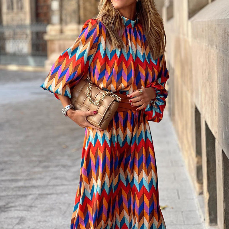 Chevron Print High Neck Long Sleeve Pleated Midi Dress
