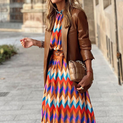 Chevron Print Pleated Mock Neck Long Sleeve Midi Dress