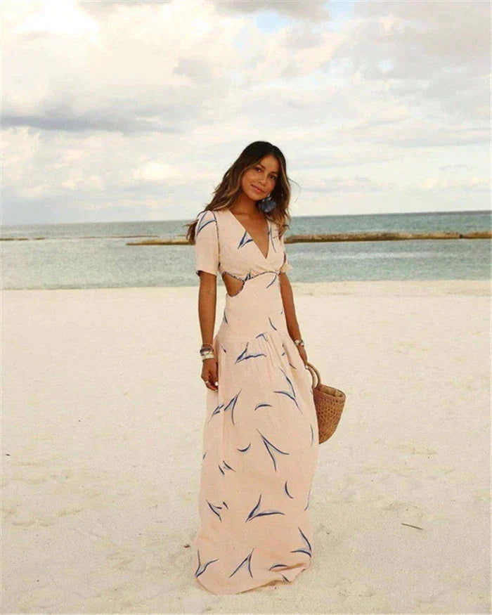 Deep V Neck Short Sleeve Waist Cutout Tiered Abstract Print Maxi Dress