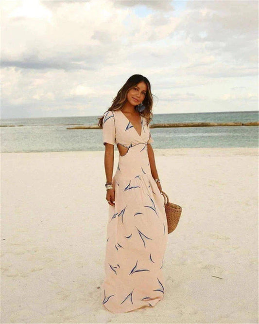 Deep V Neck Short Sleeve Waist Cutout Tiered Abstract Print Maxi Dress