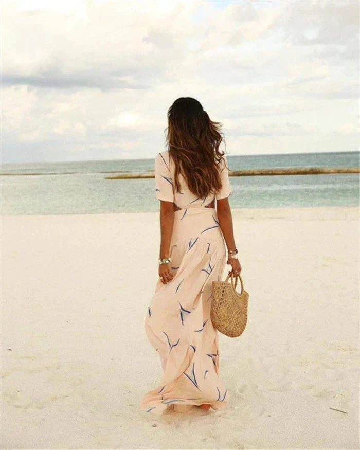 Deep V Neck Short Sleeve Waist Cutout Tiered Abstract Print Maxi Dress