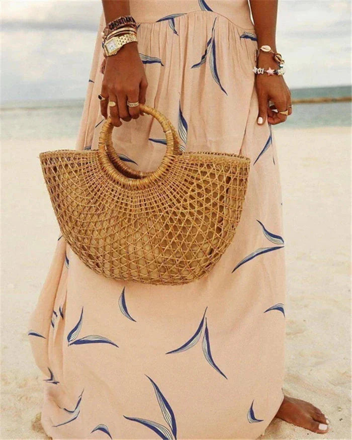 Deep V Neck Short Sleeve Waist Cutout Tiered Abstract Print Maxi Dress