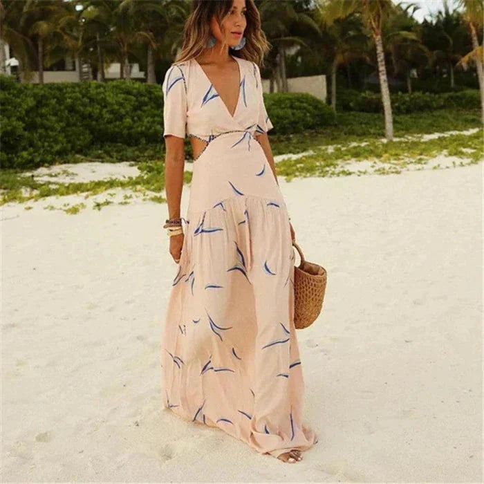 Deep V Neck Short Sleeve Waist Cutout Tiered Abstract Print Maxi Dress