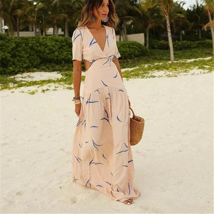 Deep V Neck Short Sleeve Waist Cutout Tiered Abstract Print Maxi Dress
