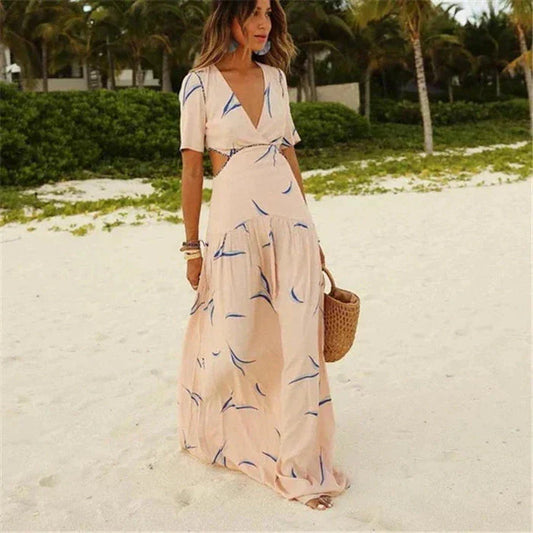 Deep V Neck Short Sleeve Waist Cutout Tiered Abstract Print Maxi Dress