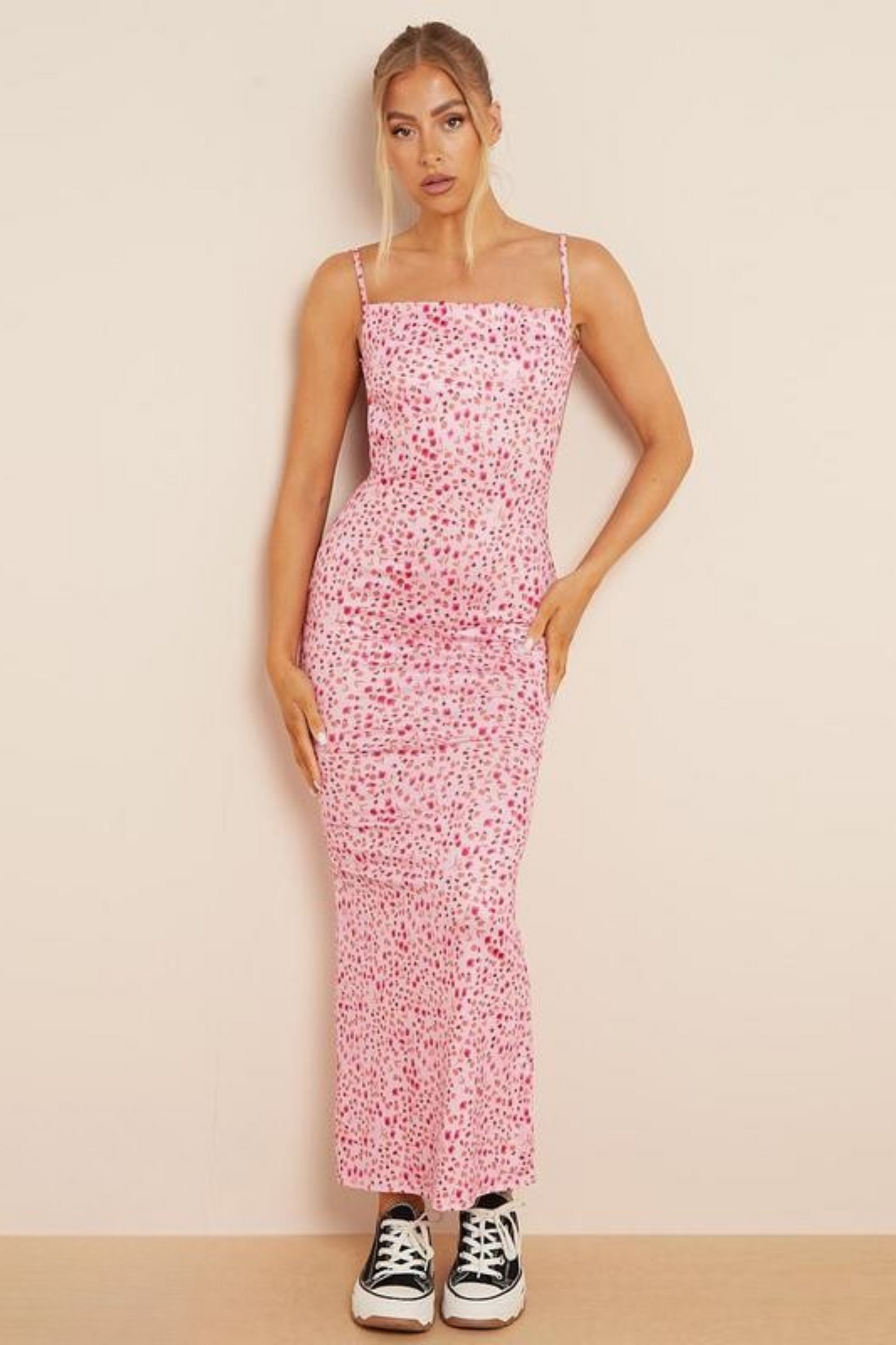 | Spotted Pink Fitted Midi Dress