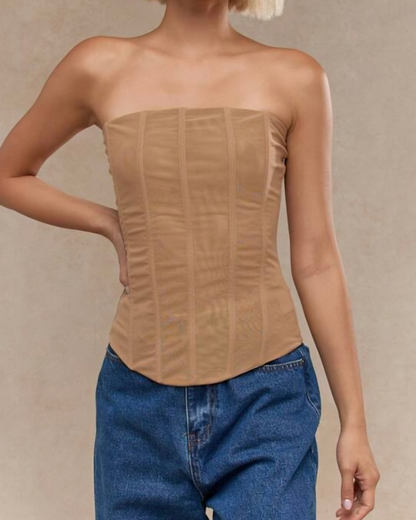 | Sheer Ruched Strapless Corset Top