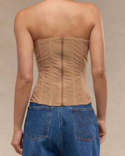 | Sheer Ruched Strapless Corset Top