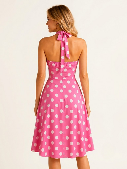 Vintage Chic Pink Polka Dot Halter Midi Dress