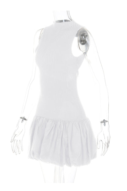 Mock Neck Cowl Back Knit Patchwork Ballon Dress