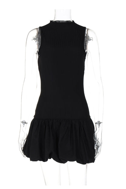 Mock Neck Cowl Back Knit Patchwork Ballon Dress