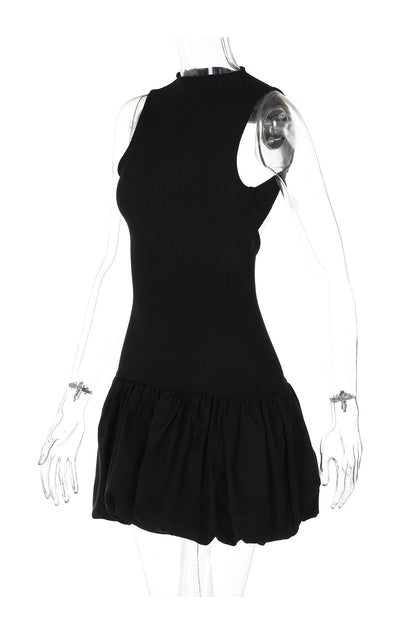 Mock Neck Cowl Back Knit Patchwork Ballon Dress