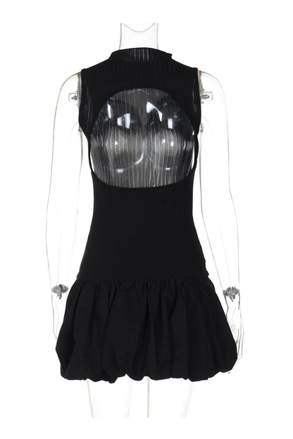 Mock Neck Cowl Back Knit Patchwork Ballon Dress
