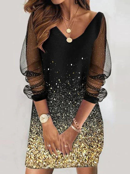 V-Neck Mesh Puff Sleeve Ombre Glitter Print Shift Mini Dress