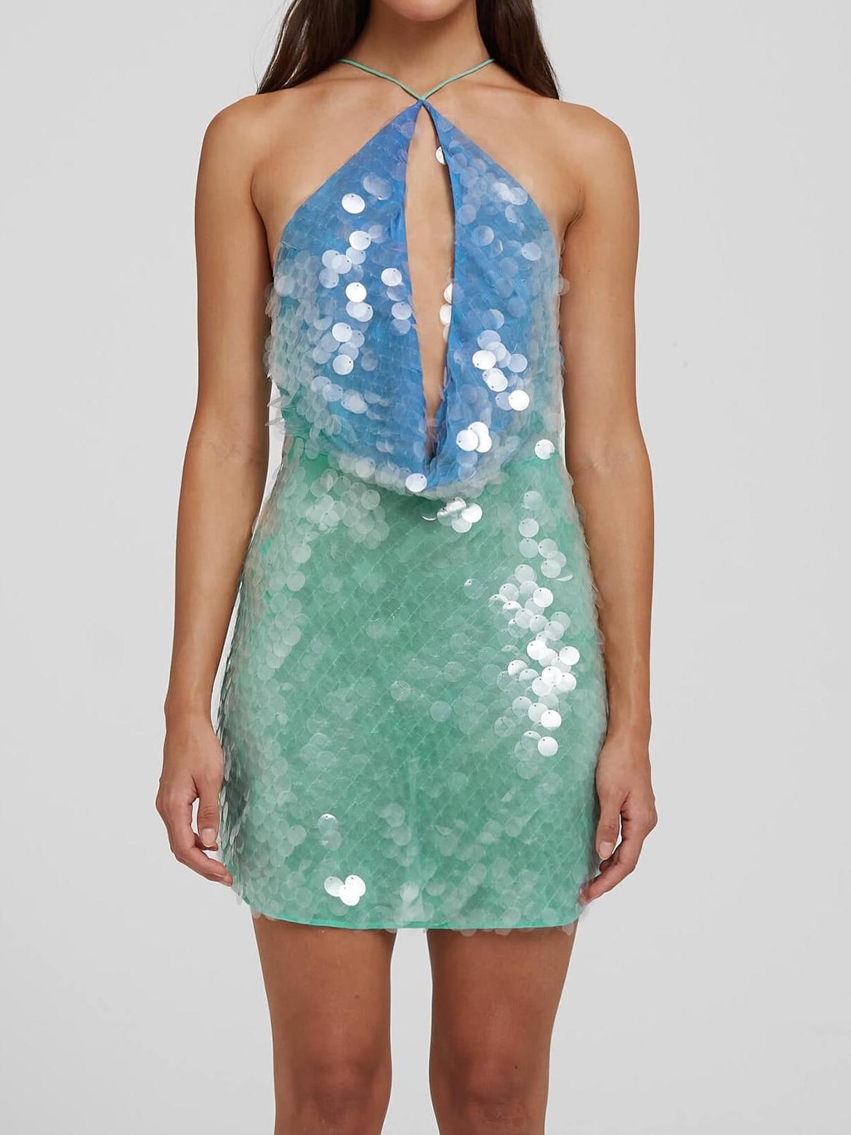 Sequin Halter Neck Deep Plunge Keyhole Bodycon Mini Dress