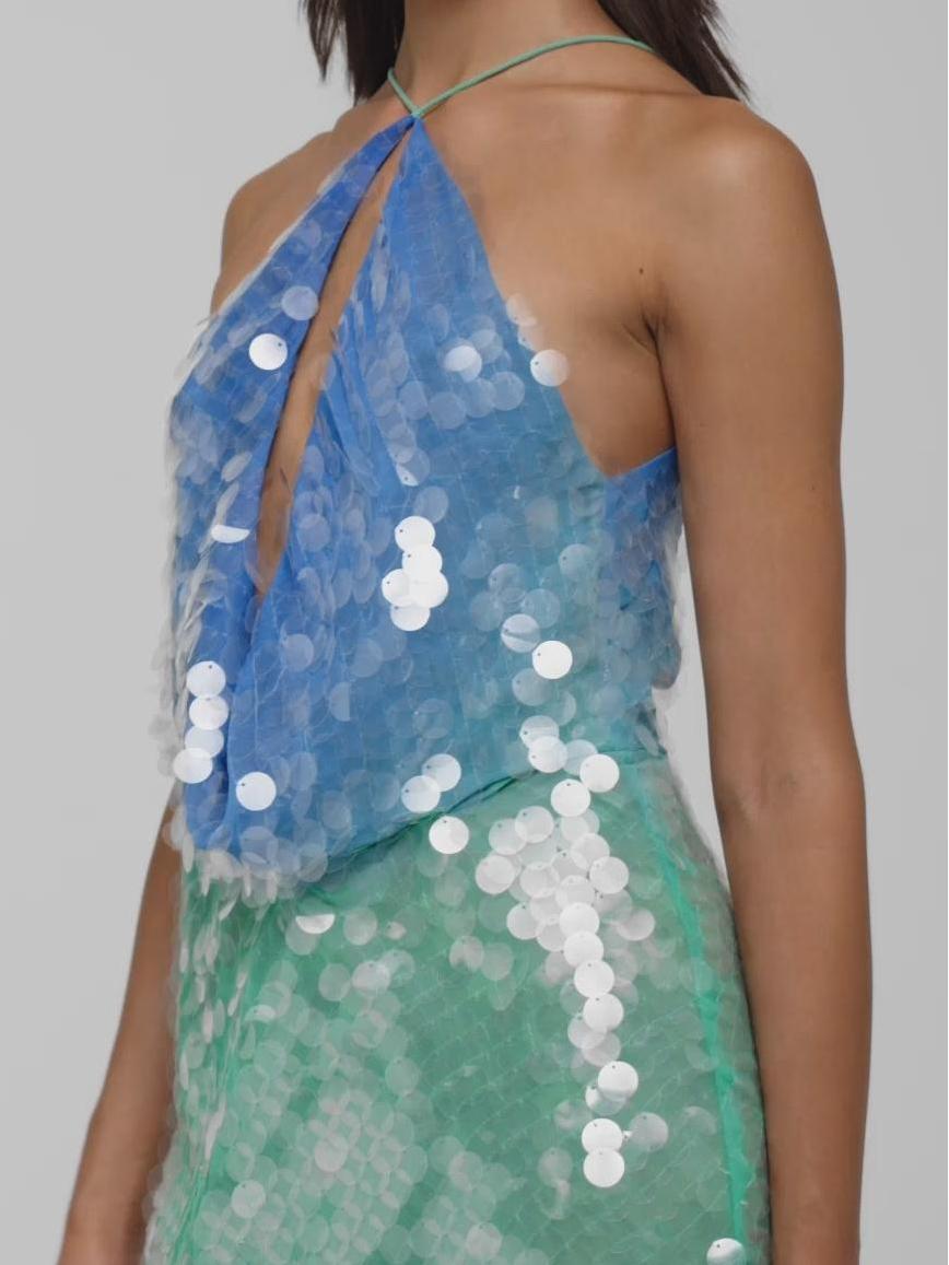 Sequin Halter Neck Deep Plunge Keyhole Bodycon Mini Dress