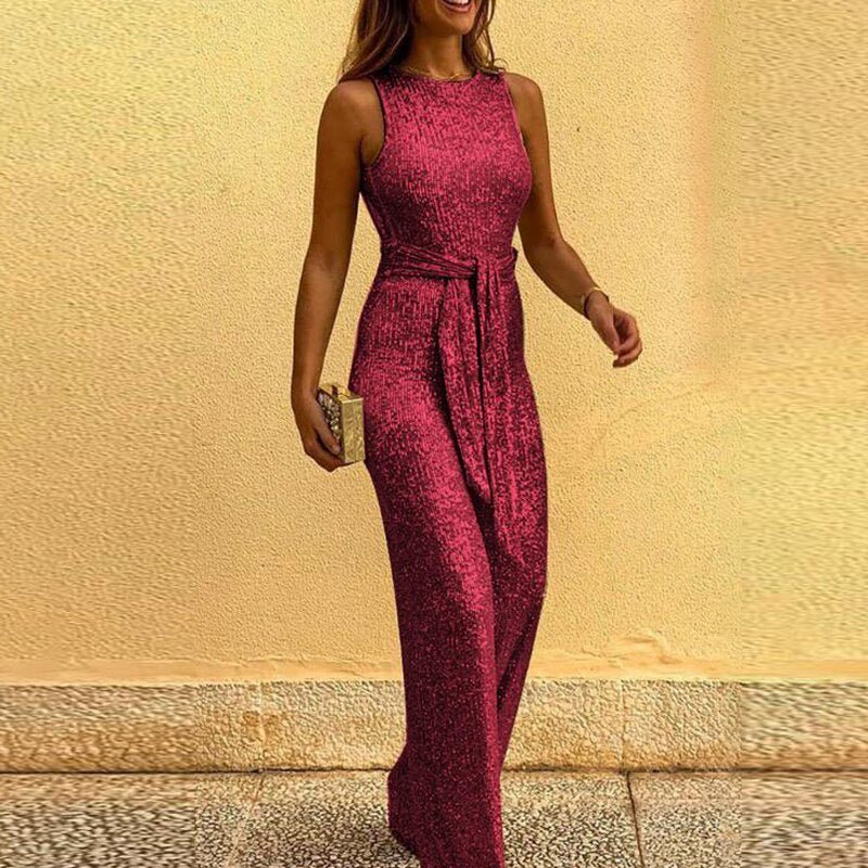 | Sequin Sleeveless Wide-Leg Jumpsuit with Waist Tie