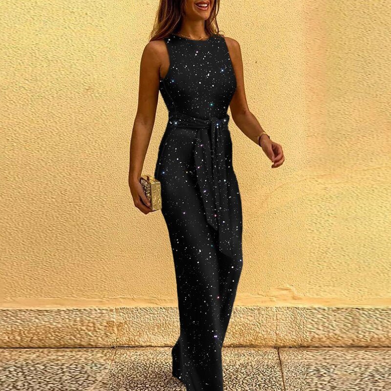 | Sequin Sleeveless Wide-Leg Jumpsuit with Waist Tie