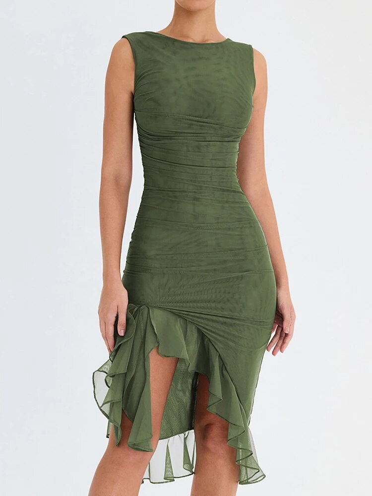 Mesh Ruched Crew Neck Asymmetric Ruffle Hem Bodycon Midi Dress