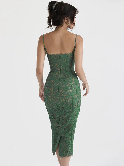 DressBetty - 2024 Spaghetti Strap Lace Sexy Green Floral Dress