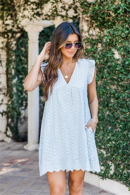 Flutter Sleeve Eyelet Lace Scalloped Hem V Neck Babydoll Mini Dress