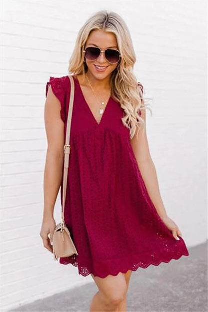 Flutter Sleeve Eyelet Lace Scalloped Hem V Neck Babydoll Mini Dress