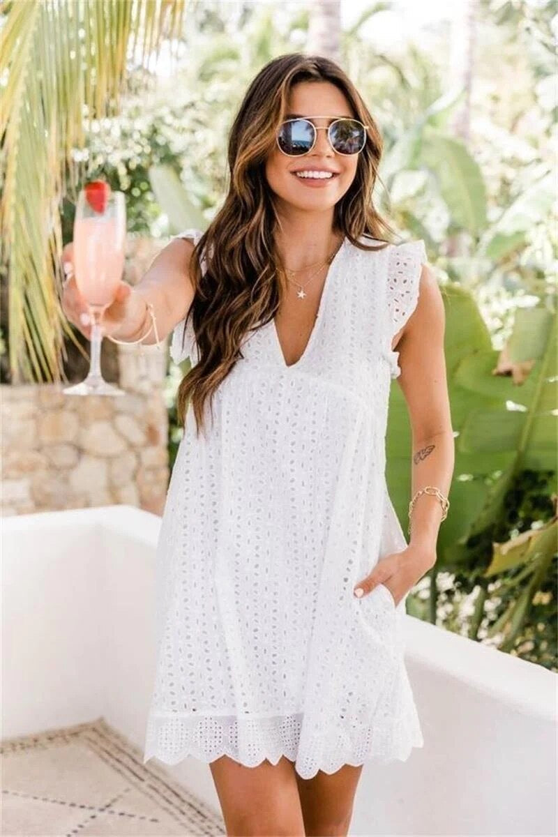 Flutter Sleeve Eyelet Lace Scalloped Hem V Neck Babydoll Mini Dress