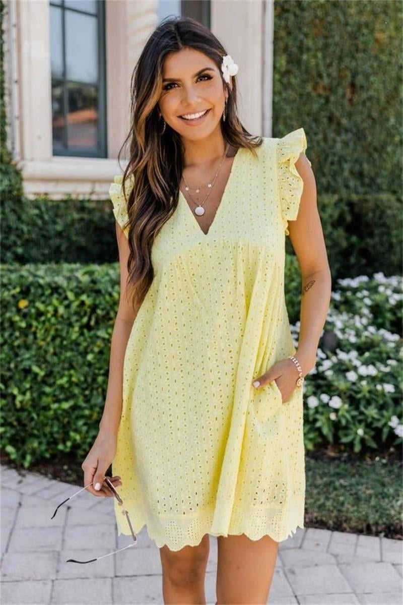 Flutter Sleeve Eyelet Lace Scalloped Hem V Neck Babydoll Mini Dress