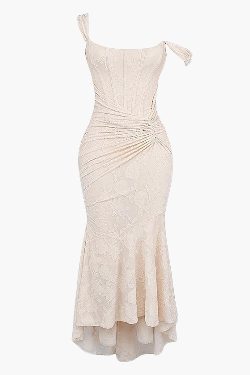 | Ruched Bodice Lace Maxi Dress