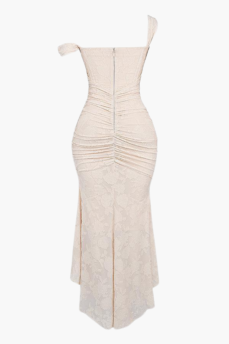 | Ruched Bodice Lace Maxi Dress