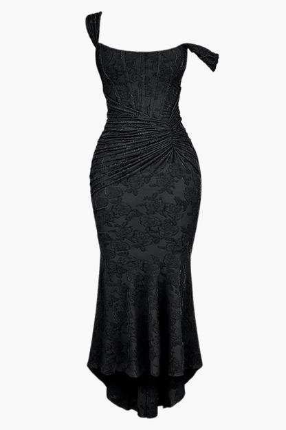 | Ruched Bodice Lace Maxi Dress